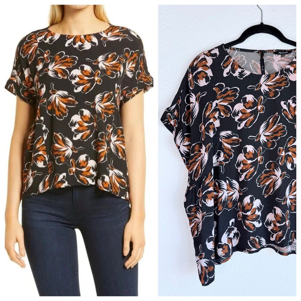 NWT Madewell Women's Cuffed-Sleeve Shirred Top in Duskblossom True Black Size L